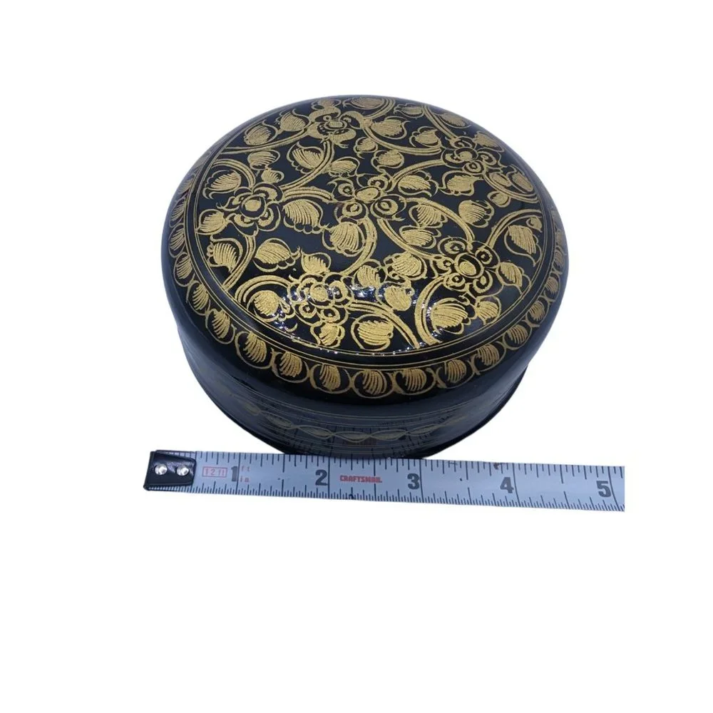 Vtg Kashmiri Hand Printed Lacquerware Box With 6 Coasters Black And Gold